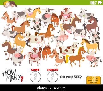 Illustrazione di gioco educativo conteggio per bambini con Cartoon Funny Cows e Horses Farm Animal Characters Group Illustrazione Vettoriale