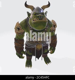 Modello di rendering 3D di un mostro verde isolato su un sfondo bianco Foto Stock