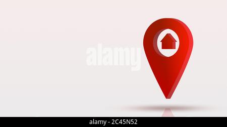 Illustrazione 3D del tag di geolocalizzazione con la casa su sfondo chiaro, spazio di copia Foto Stock