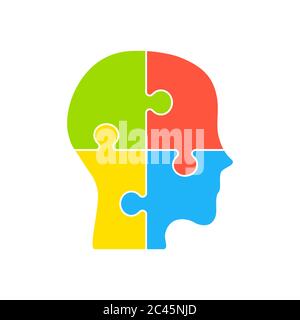 Icona del puzzle della testa. Quattro pezzi colorati di seghetto alternativo. Creatività, ispirazione, idea, concetto di pensiero logico. Pezzi rossi, blu, verdi, gialli. Cervello umano Illustrazione Vettoriale
