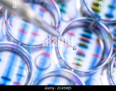 Lo scienziato pipettando un campione per l'analisi genetica con un background di una sequenza di DNA Foto Stock