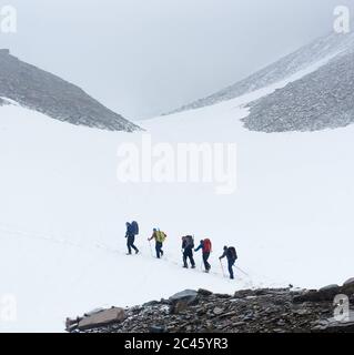 Gruppo di escursionisti maschi con zaini e bastoni da trekking a piedi lungo distanza in montagna, escursioni su campo di ghiaccio in regione montuosa. Concetto di viaggio, escursioni e turismo invernale in montagna. Foto Stock
