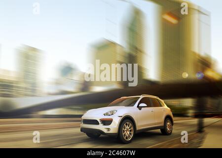 Rendering 3D di un'auto SUV che accelera di fronte a uno skyline. Foto Stock