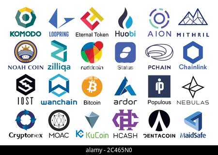 Set di loghi criptovalute popolari con i nomi di esso, illustrazione vettoriale Illustrazione Vettoriale