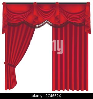 Lusso rosso tende e drappeggi su sfondo bianco, realistici illustrazione vettoriale Illustrazione Vettoriale