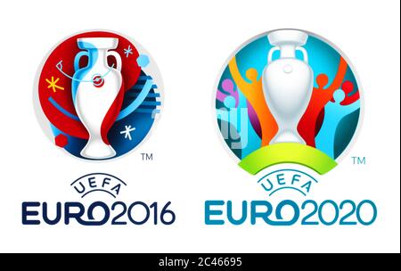 Kiev, Ucraina - 04 ottobre 2019: Loghi ufficiali dei Campionati europei UEFA 2016 e 2020, stampati su white paper Foto Stock