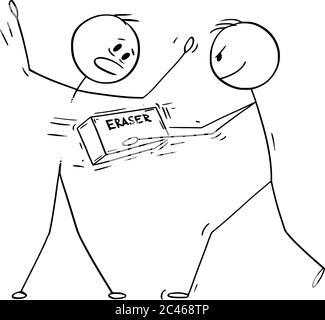 Disegno grafico vettoriale cartoon illustrazione concettuale di disegnatore cancellando un altro uomo con gomma. Illustrazione Vettoriale