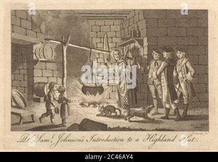 Introduzione del Dr. Samuel Johnson ad un rifugio Highland. Scozia 1775 vecchia stampa Foto Stock