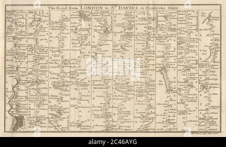 Mappa della strada di London-Slough-Henley-Gloucester-Swansea-St Davids. BOWEN 1775 Foto Stock