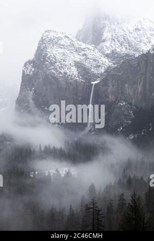 Foto in scala di grigi di una cascata nel Parco Nazionale di Yosemite in California Foto Stock