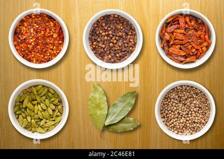 Spezie tra cui fiocchi di peperoncino, chiodi di garofano, peperoncini, cardamomo, foglie di alloro e semi di coriandolo in vasi bianchi su una superficie di lavoro di pino leggero Foto Stock