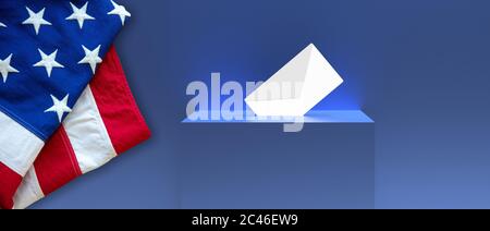 Concetto elettorale USA. Busta bianca nella fessura della scatola del ballottaggio e bandiera degli Stati Uniti d'America, sfondo blu, banner, illustrazione 3d Foto Stock