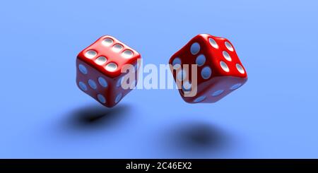 Colore rosso dadi, due su sfondo blu, dadi rotolanti, gioco d'azzardo, concetto di fortuna. illustrazione 3d Foto Stock