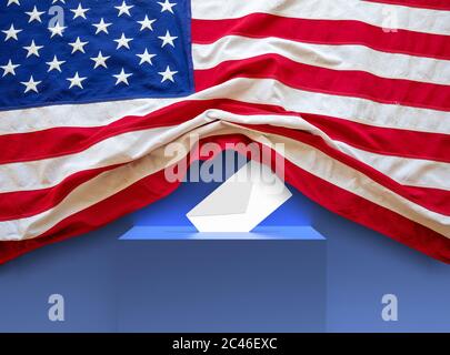 Concetto elettorale USA. Busta bianca nella fessura della scatola del ballottaggio e bandiera degli Stati Uniti d'America, sfondo blu, illustrazione 3d Foto Stock