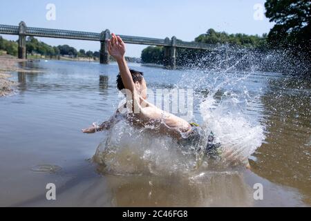 Regno Unito Meteo: Londra, Regno Unito. 24th giugno, 2020. Pomeriggio caldo e soleggiato a Chiswick. Un ragazzo si raffredda saltando nel Tamigi. Credit: Liam Asman/Alamy Live News Foto Stock