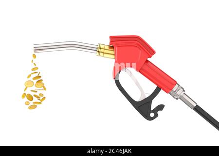 Pompa benzina ugello carburante pompa benzina, distributore di benzina con gocciolina di monete in dollari su sfondo bianco. Rendering 3d Foto Stock