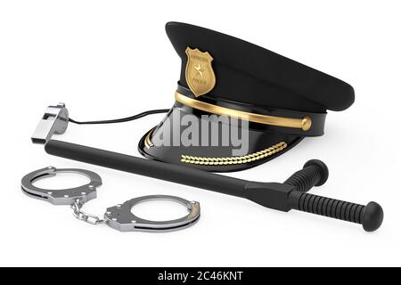 Manette metalliche, bastone o bastone nero della polizia in gomma, fischietto della polizia e cappello dell'ufficiale della polizia con stemma dorato su sfondo bianco. Rendering 3d Foto Stock