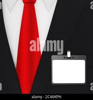 Abito da uomo moderno ed elegante con cravatta rossa e badge Id bianco in primo piano estremo . Rendering 3d Foto Stock
