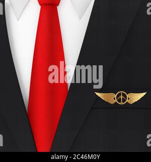 Abito uomo moderno ed elegante con necktie rosse e stemma dell'ala Golden Pilot, stemma o simbolo logo Extreme closeup . Rendering 3d Foto Stock