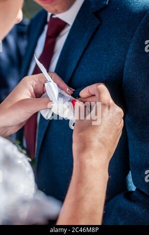 Sposa che indossa bonbonniere sulla giacca da grooms Foto Stock