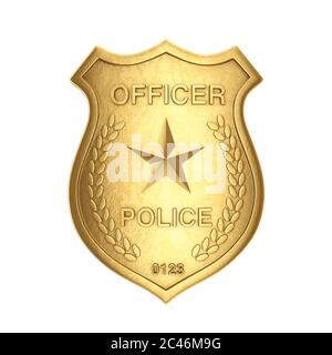 Distintivo Golden Police Officer su sfondo bianco. Rendering 3d Foto Stock