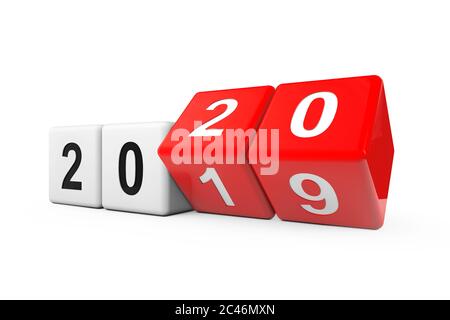 Blocchi con la transizione dall'anno 2019 al 2020 su sfondo bianco. Rendering 3d Foto Stock