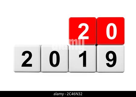 Blocchi con la transizione dall'anno 2019 al 2020 su sfondo bianco. Rendering 3d Foto Stock