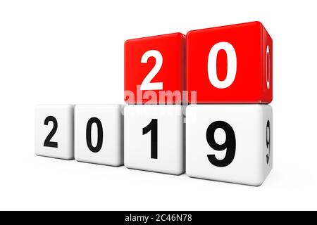 Blocchi con la transizione dall'anno 2019 al 2020 su sfondo bianco. Rendering 3d Foto Stock