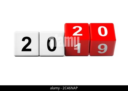 Blocchi con la transizione dall'anno 2019 al 2020 su sfondo bianco. Rendering 3d Foto Stock