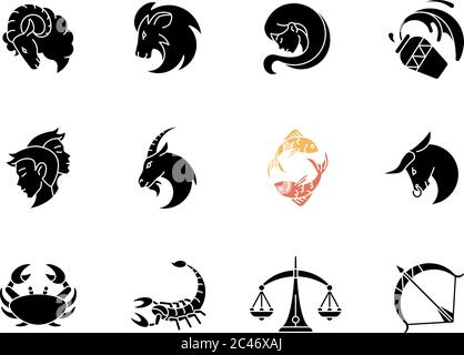 Zodiac segni glifo nero icone impostato su spazio bianco Illustrazione Vettoriale