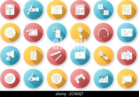 Elementi freelance design piatto glifo a lunga ombra set di icone Illustrazione Vettoriale