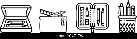 Set di icone per il contenitore a matita. Contorno insieme di icone vettoriali a forma di matita per il web design isolato su sfondo bianco Illustrazione Vettoriale