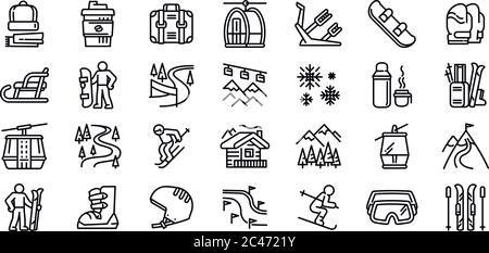 Set di icone per le stazioni sciistiche. Insieme di icone vettoriali per siti di sci isolati su sfondo bianco Illustrazione Vettoriale