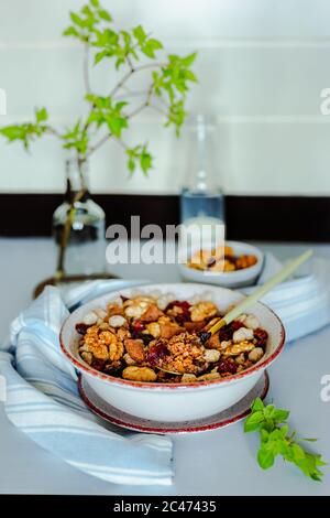 Una ciotola di granola con noci, cioccolato e mirtilli secchi, una bottiglia di latte, una ciotola con noci, un asciugamano, un rametto verde. Un cucchiaio pieno di granola Foto Stock