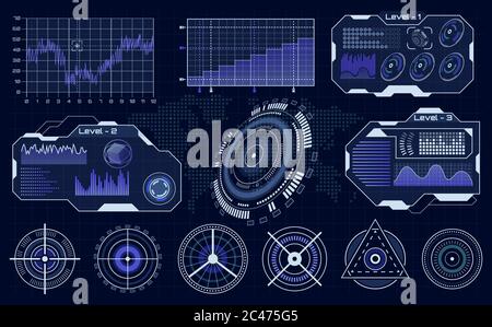 Interfaccia hud futuristica. Ologramma hud tecnologico, display diagnostico di caricamento, illustrazione di sfondo degli elementi dell'interfaccia utente dell'infografica digitale Foto Stock