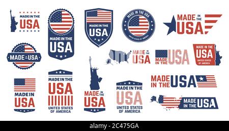 Badge Made in USA. Patriot orgoglioso marchio di etichetta, bandiera americana e simboli nazionali, stati uniti d'America patriottico emblemi set di icone Foto Stock