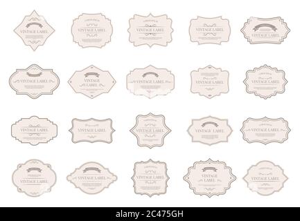 Etichette di etichette vintage. Badge retrò ornamentali, forme decorative e etichetta elegante per elementi di design matrimonio set di icone isolato Foto Stock
