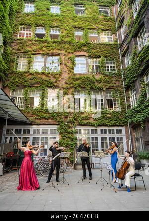 Berlino, Germania. 23 Giugno 2020. I membri dell'orchestra Staatskapelle di Berlino si esibiscono durante un concerto di corte a Berlino, capitale della Germania, il 23 giugno 2020. Credit: Peter Adamik/Xinhua/Alamy Live News Foto Stock