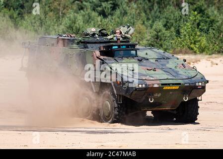 Un Boxer MROV veicolo blindato multirole della Royal Netherlands Army che guida nella sabbia. Foto Stock