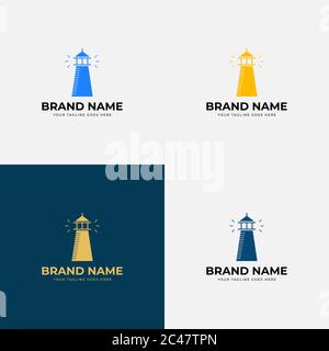 Faro, modello di disegno del logo Beacon, illustrazione vettoriale. Design moderno astratto semplice con icone logotipo. Fari e onde oceaniche. Illustrazione Vettoriale