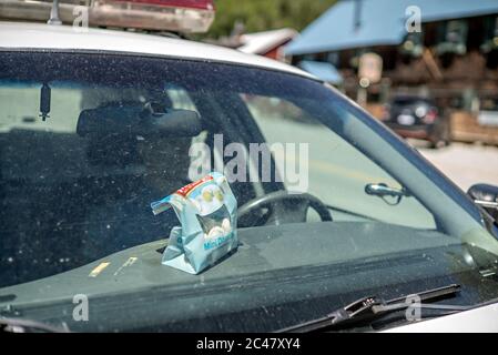 Scena del centro di Twin Lakes, Colorado, con un Deputy CPR Dummy pattugliando strada principale in uno sceriffo parcheggiato Cruiser della polizia Foto Stock