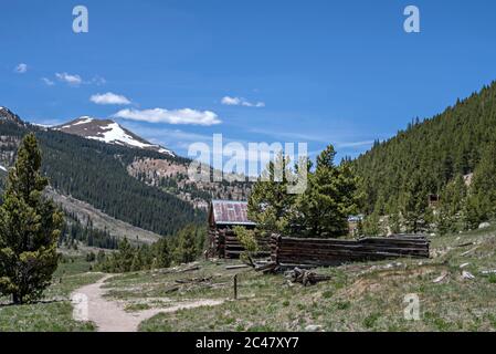 Rovine abbandonate della città fantasma nell'ex insediamento minerario di Independence, Colorado, sul passo Independence da Aspen a Twin Lakes Foto Stock