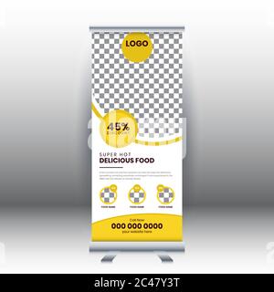 Design del banner roll-up del Creative Food Restaurant, concetto di ristorante. Modello grafico per il cibo, banner per il ristorante. Illustrazione Vettoriale