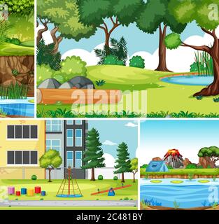 Quattro scene diverse in natura impostazione cartoon stile illustrazione Illustrazione Vettoriale