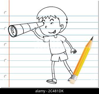 Scrittura a mano del ragazzo con binocolo illustrazione del contorno Illustrazione Vettoriale