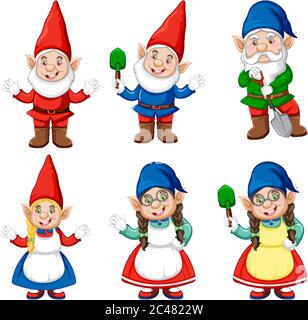 Gruppo di gnome in stile cartoon costume giardiniere isolato su sfondo bianco illustrazione Illustrazione Vettoriale