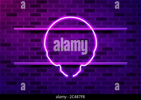 Simbolo al neon o striscia luminosa a LED per il cranio alieno. Illustrazione vettoriale realistica. Parete in mattoni viola, bagliore violetto, supporti in metallo. Illustrazione Vettoriale