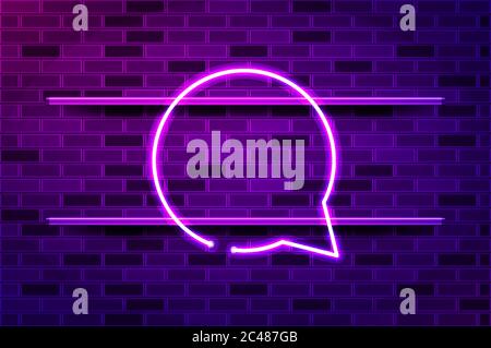 Luce rotonda al neon o striscia LED. Illustrazione vettoriale realistica. Parete in mattoni viola, bagliore violetto, supporti in metallo. Illustrazione Vettoriale