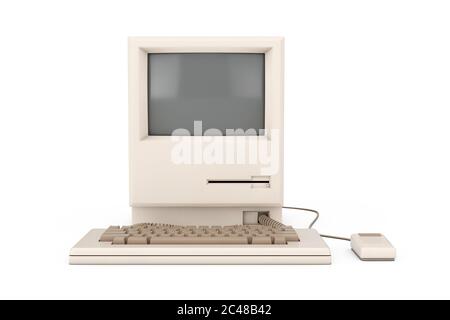 Personal computer retro. Unità di sistema, monitor, tastiera e mouse su sfondo bianco. Rendering 3d Foto Stock