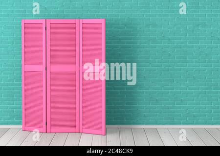 Rosa Folding in legno Dress schermo di fronte a Aquamarine Brick muro sfondo. Rendering 3d Foto Stock